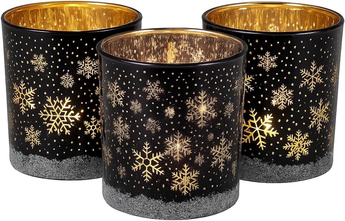 Windlicht kerst - set van 3 - glas - zwart wit goud zilver - sfeervolle decoratie - ShopVlot