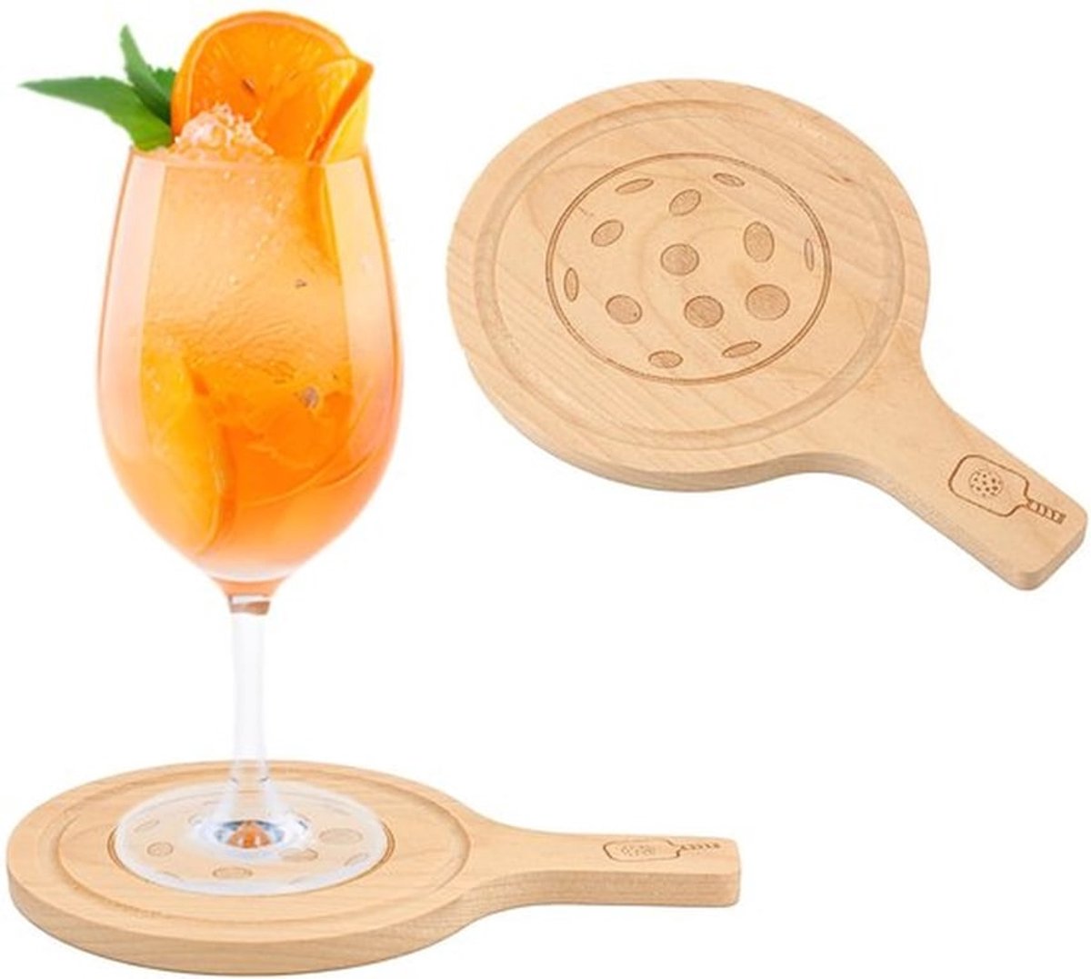2 stuks Pickleball-onderzetters, 10 cm diameter, houten peddelvorm, grappige beker Pickleball-cadeaus voor koffie, cocktails en bier