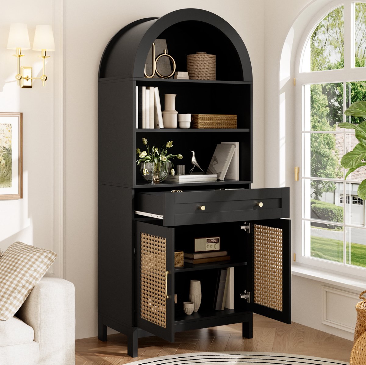 MODENUIT Vitrinekast - Gebogen Design Met Rattan Deuren En Lade - Woonkamer En Hal - MDF Spaanplaat - 70x40x170 Cm