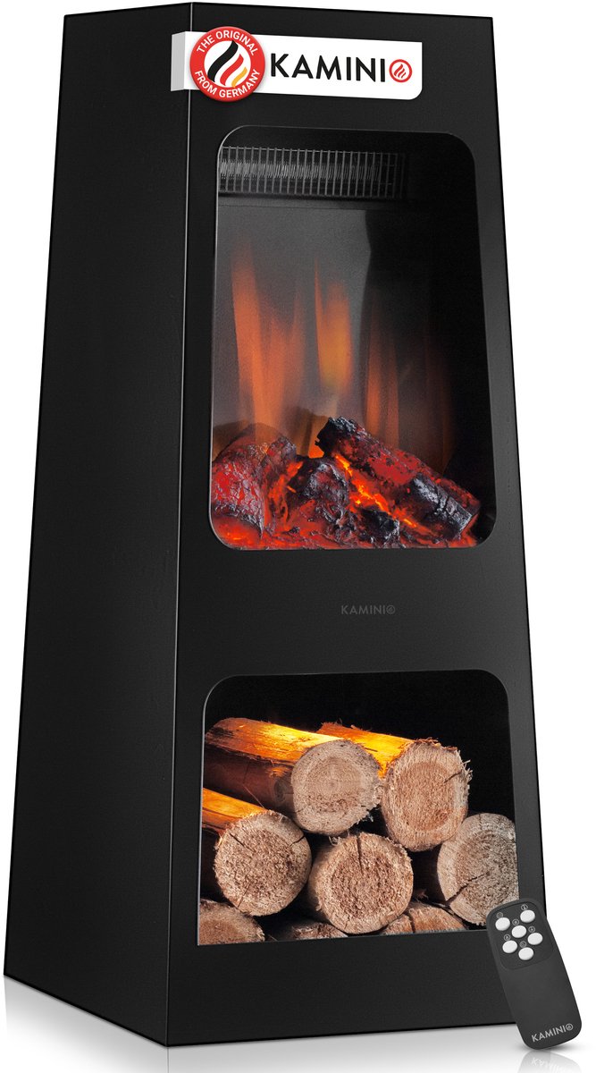 KAMINIO® Kai L elektrische haard met verwarming [elektrische tuinhaard zwart]-Vrijstaande elektrische haard met verwarmingselement, 3D-vlameffect in 5 standen, houtopslagvak met ledverlichting, timer, thermostaat en afstandsbediening