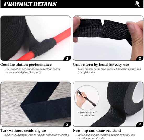 Isolatietape, zwart, bedradingsband, hittebestendig, voor kabelbomen voor auto en motorfiets (19 mm x 15 mm) — afbeelding 5