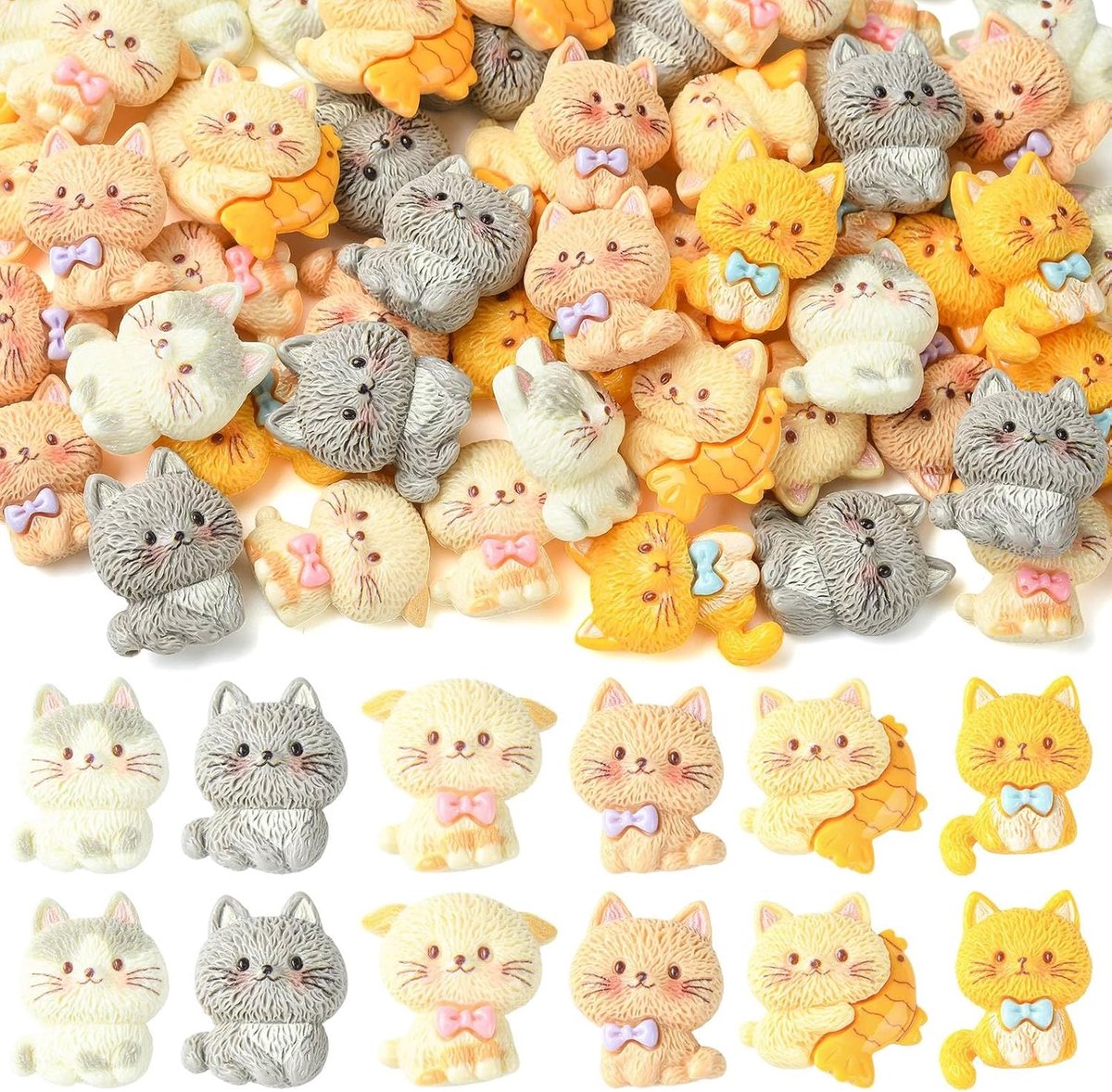 60 stuks hars kat vorm cabochons, 6 stijlen kitten platte rug slijm charme kralen bulk voor doe-het-zelf slijm maken, nail art decor, telefoon case versieringen, doe-het-zelf ambachtelijke kits