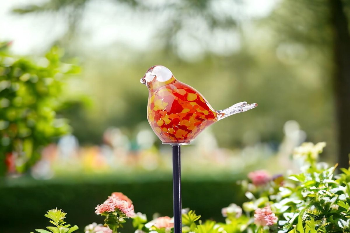 Tuinsteker met Vogel - Handgemaakt glas - Oranje - Vogel op stok - Tuindecoraties - Tuindeco voor buiten - Tuin decor - Dieren voor buiten