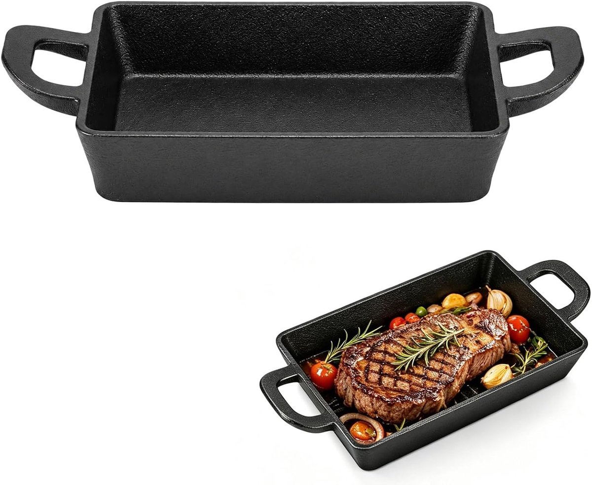 Grillpan, 24 x 17 cm, gietijzeren pan, gietijzeren pan met twee handgrepen, rechthoekige steakpan voor gasgrill, oven, gasfornuis of camping en outdoor koken, veelzijdige grillpan