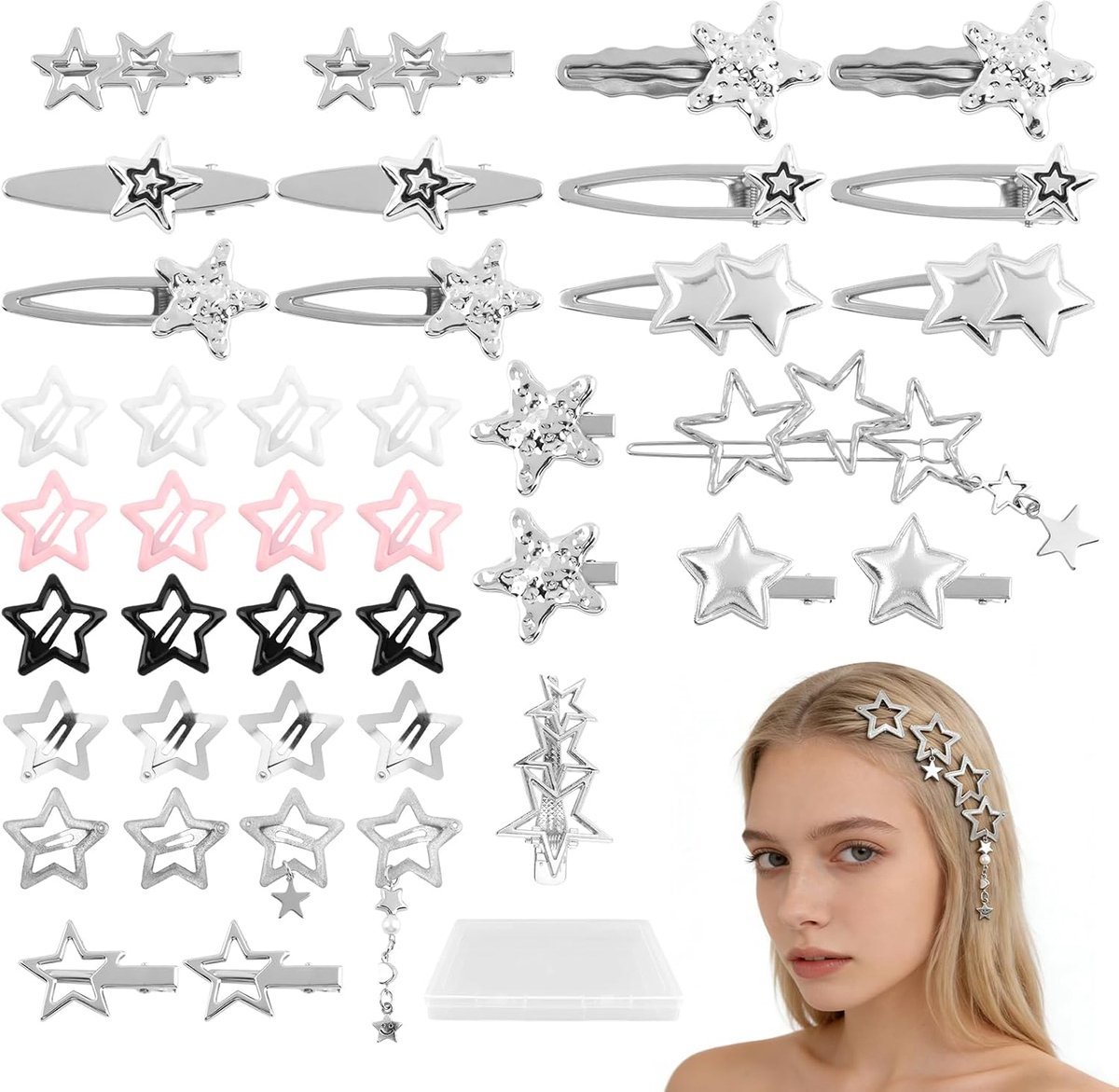 Haarspelden, zilveren & kleurrijke metalen haarklem met opbergdoos, esthetische accessoires voor dagelijks gebruik, festivals en rave-feesten