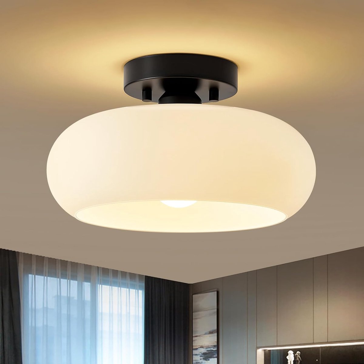Weiße Glas Deckenleuchte,Schwarz Sockel E27 Deckenlampe,28cm | Deckenlampe für Wohnzimmer Schlafzimmer Küche Flur Esszimmer