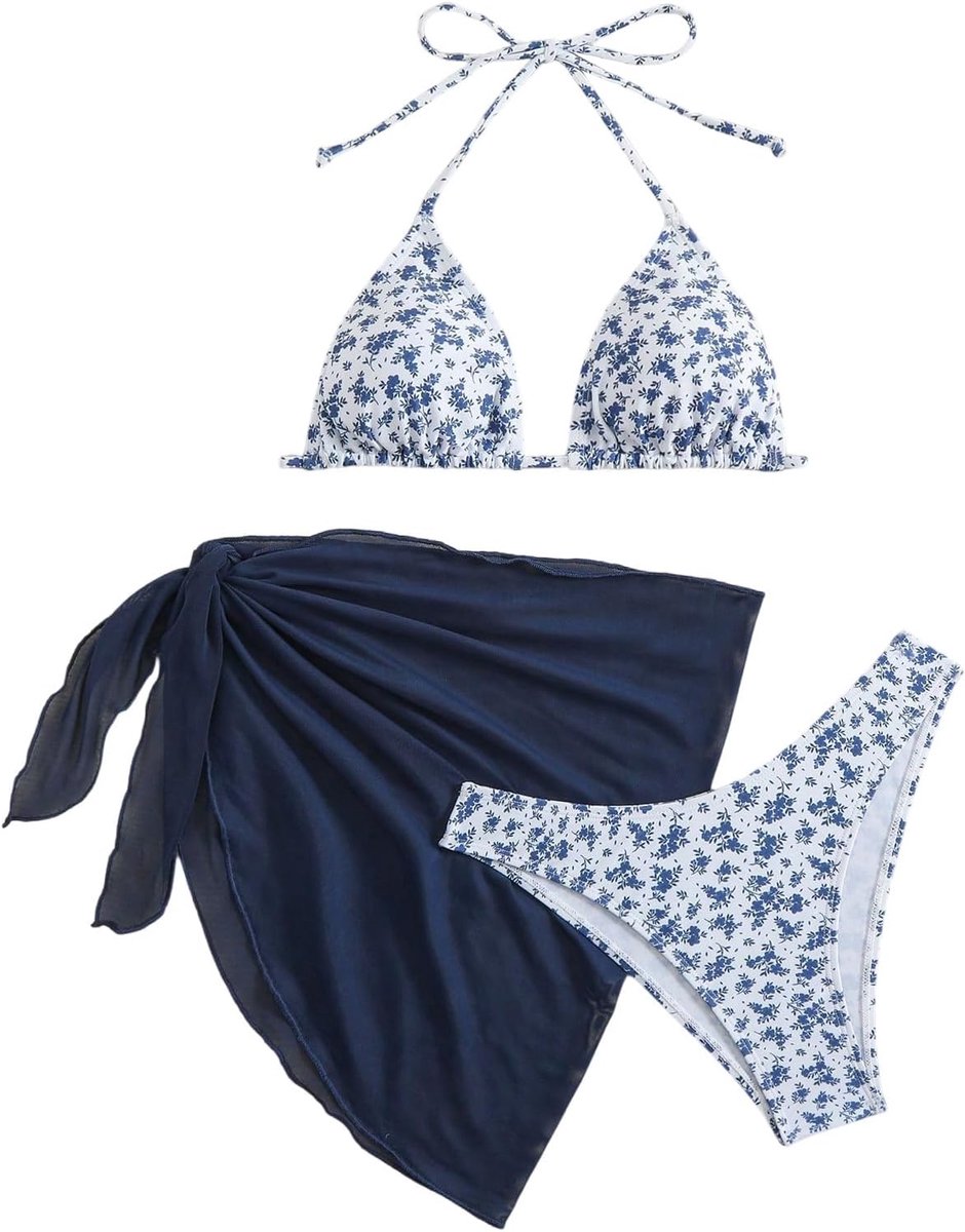Bikiniset voor dames, 3-delige bikiniset met bloemenpatroon, nekhouder, badpak met cover-up rok, badpakset