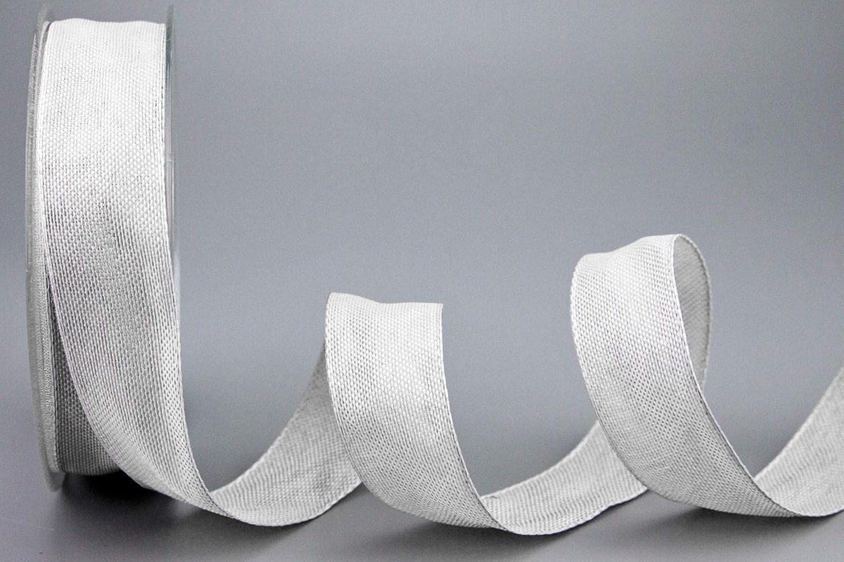 Oliver lichtgrijs (127) 20 m x 25 mm (rol) stoffen lint met draadranden licht glanzend linnen look taftlint grof geweven Kerstmis advent