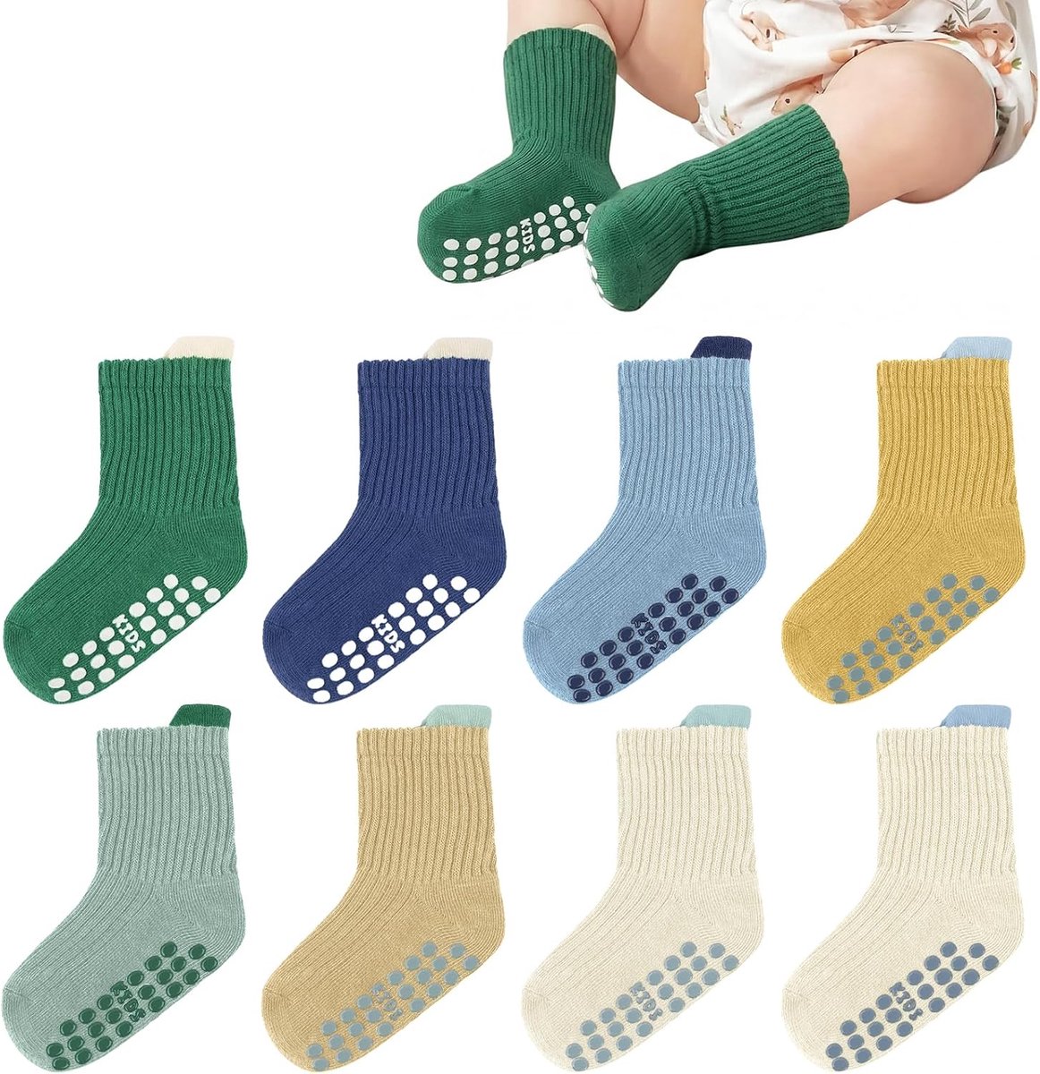 Sokken voor pasgeborenen, 8 paar antislip sokken met handvat voor kinderen, zachte katoenen sokken voor pasgeborenen, kinderen en meisjes