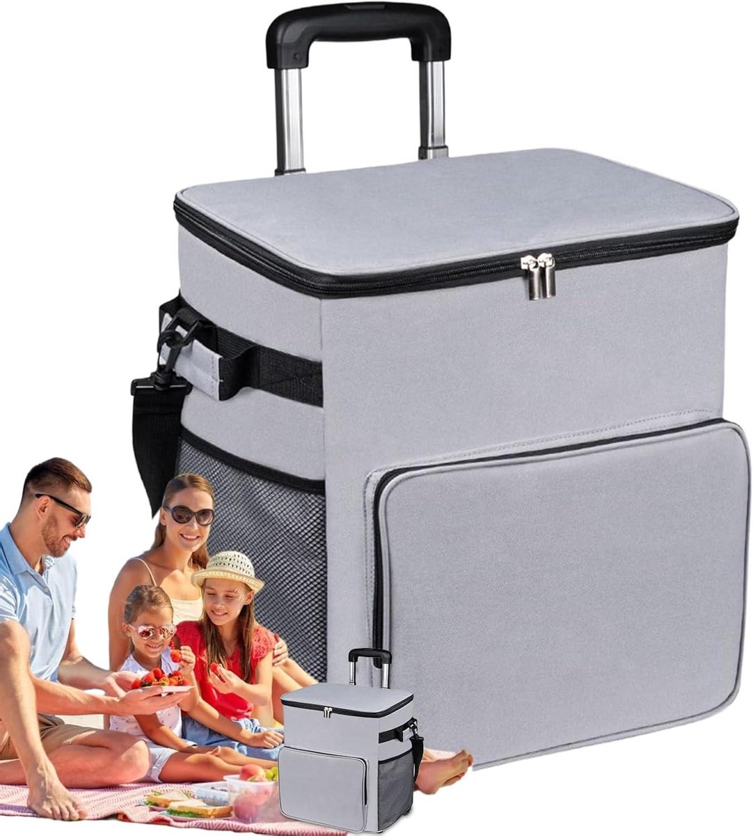 Koeltas met wielen - Isolerende tas - Outdoor reizen - Inklapbare steunpoten - 35 liter - Grijs