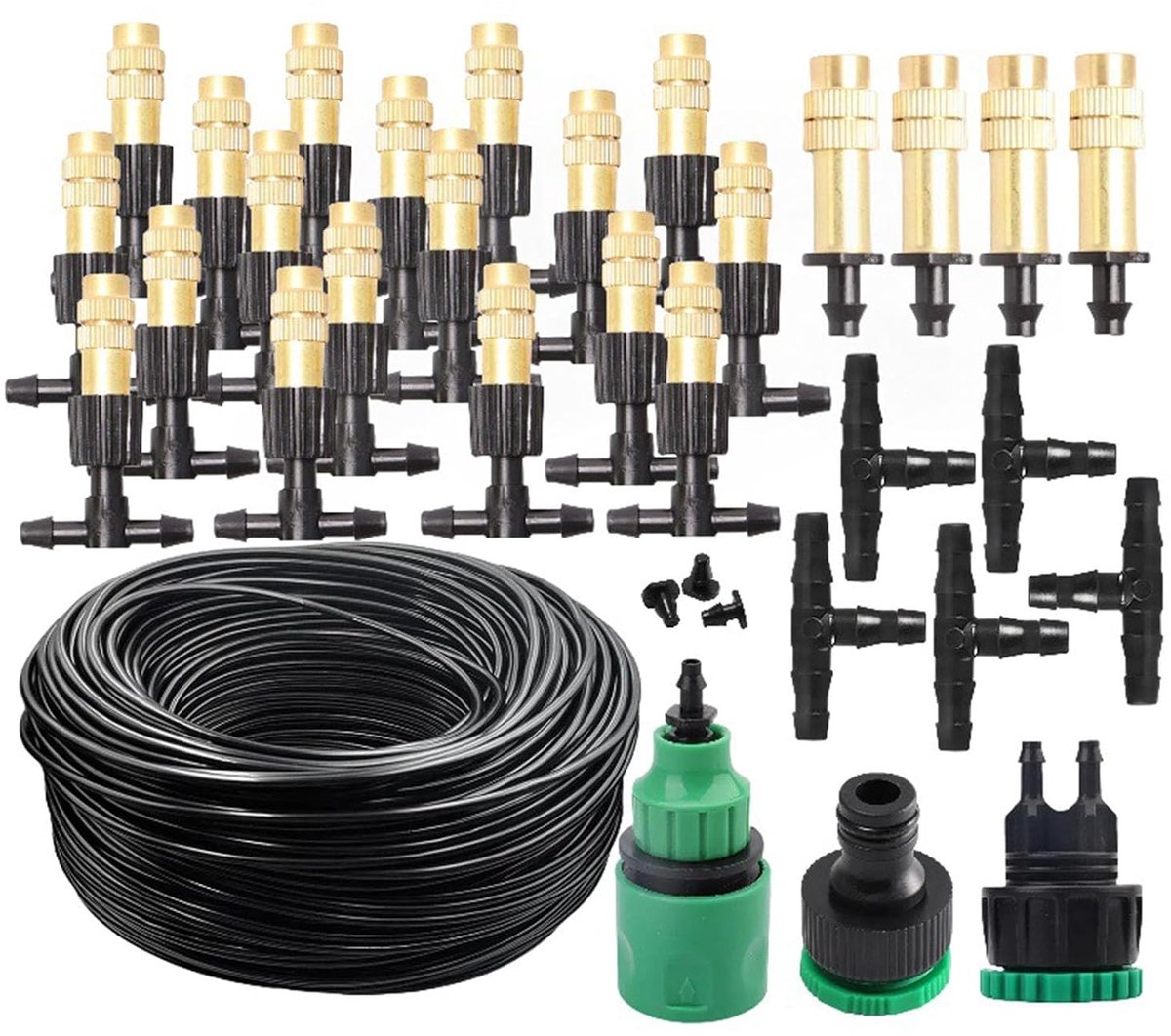30 m irrigatiesysteem met 43 messing sproeiers, druppelirrigatieset voor tuin, kas, terras