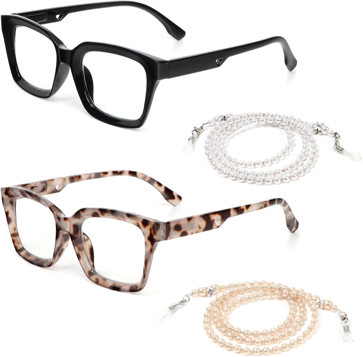 2 stuks leesbril voor dames, rechthoekig, met bril, ketting, anti-blauw licht, computer, leesapparaat, blauw licht
