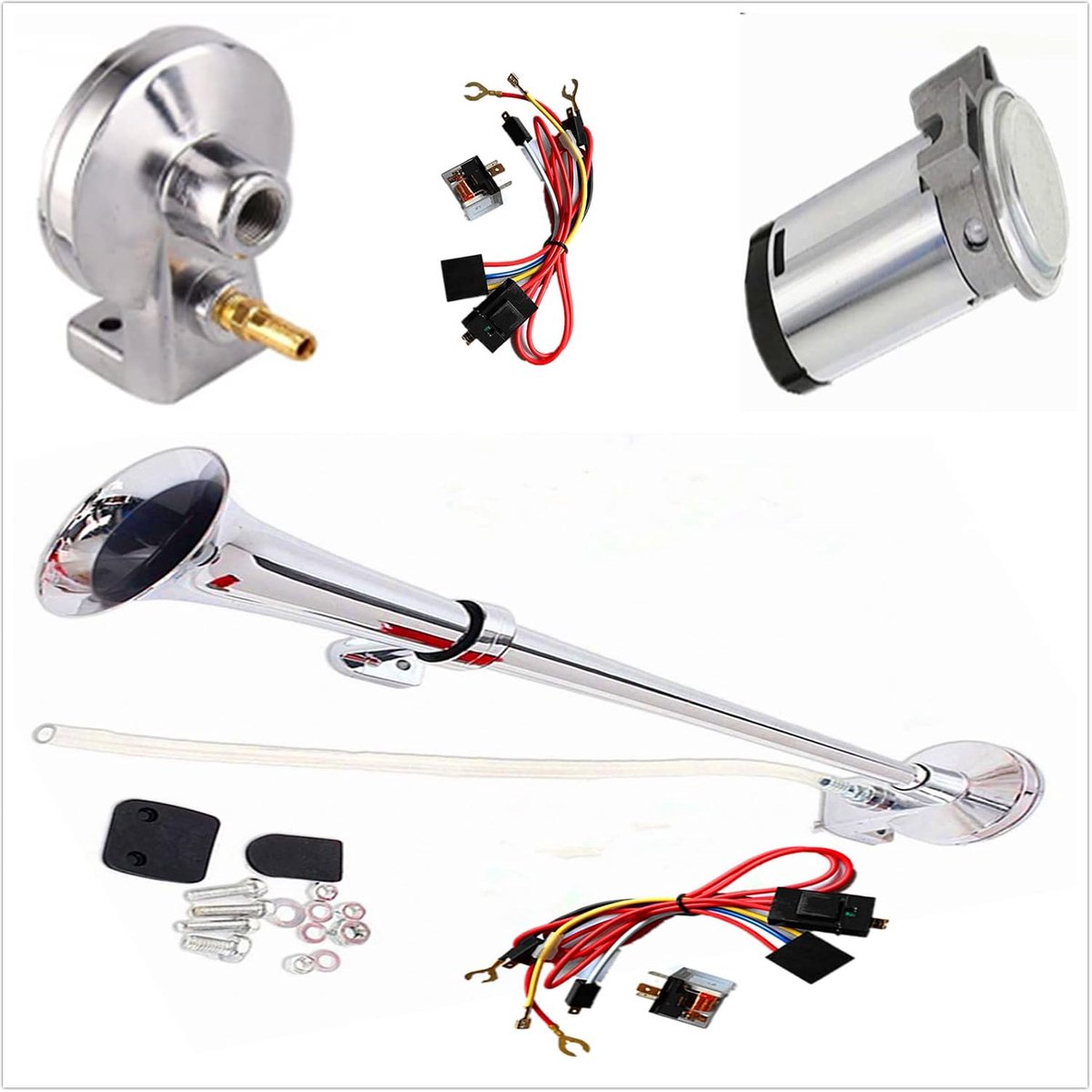 Luchthoorn, 150 dB, luchthoorn, vrachtwagenclaxon, chroom, zink, zilver, enkele buis, 45 cm, met compressoralarm, voor 12 V, auto, boot, trein enz