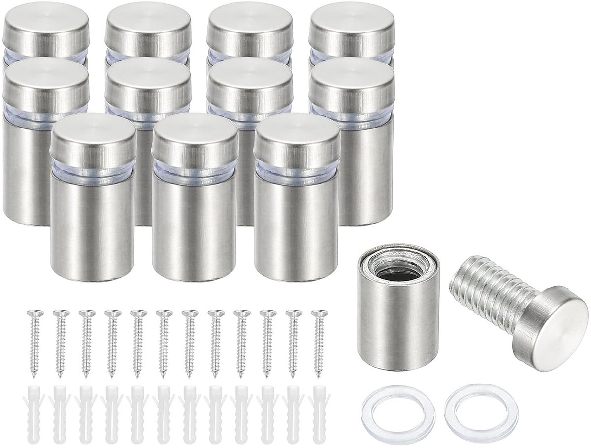12x20mm afstandsschroeven, 12-pack roestvrijstalen wandmontage bord afstandhouders montagehardware reclamenagel voor het ophangen van acryl fotolijst, zilver