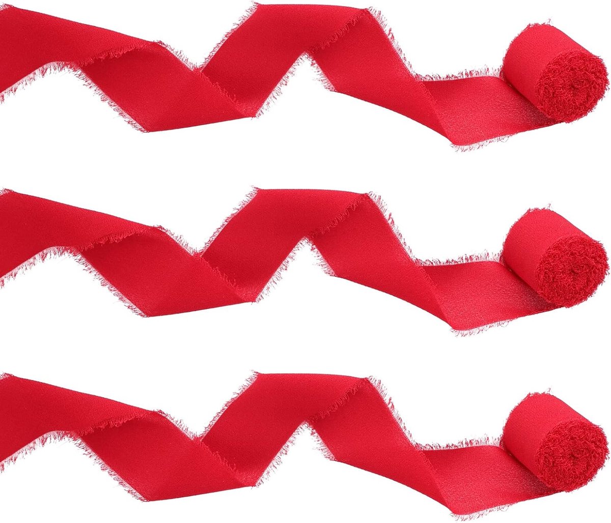 3 Rolletje Chiffon Ribbon Roll, 3,8cm x 5m Handgemaakte Fringe Chiffon Silk Ribbon Zacht Chiffon Ribbon Sets voor Bruiloft Bruidsboeketten DIY Ambachten Fotografie (Rood)