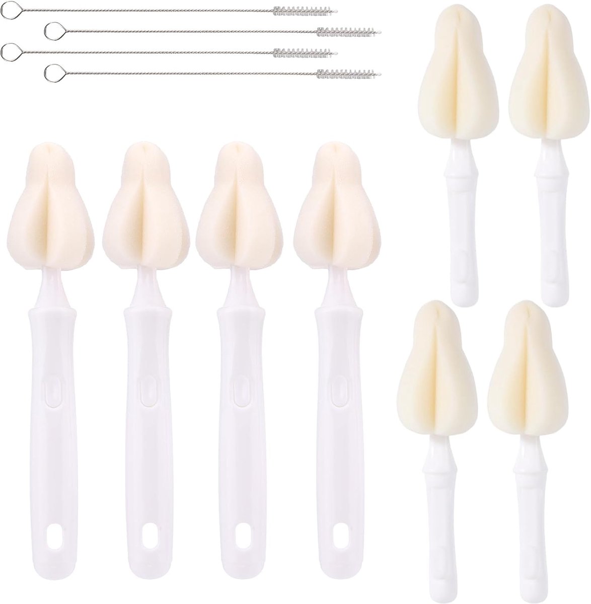 12st Set Sponsborstels voor Speentjes, Inclusief Speenreinigers met Vervangende Borstelkopjes en Rietjesborstels voor Reinigen Babyvoedingflessen Bekers en Rietjes (Wit)