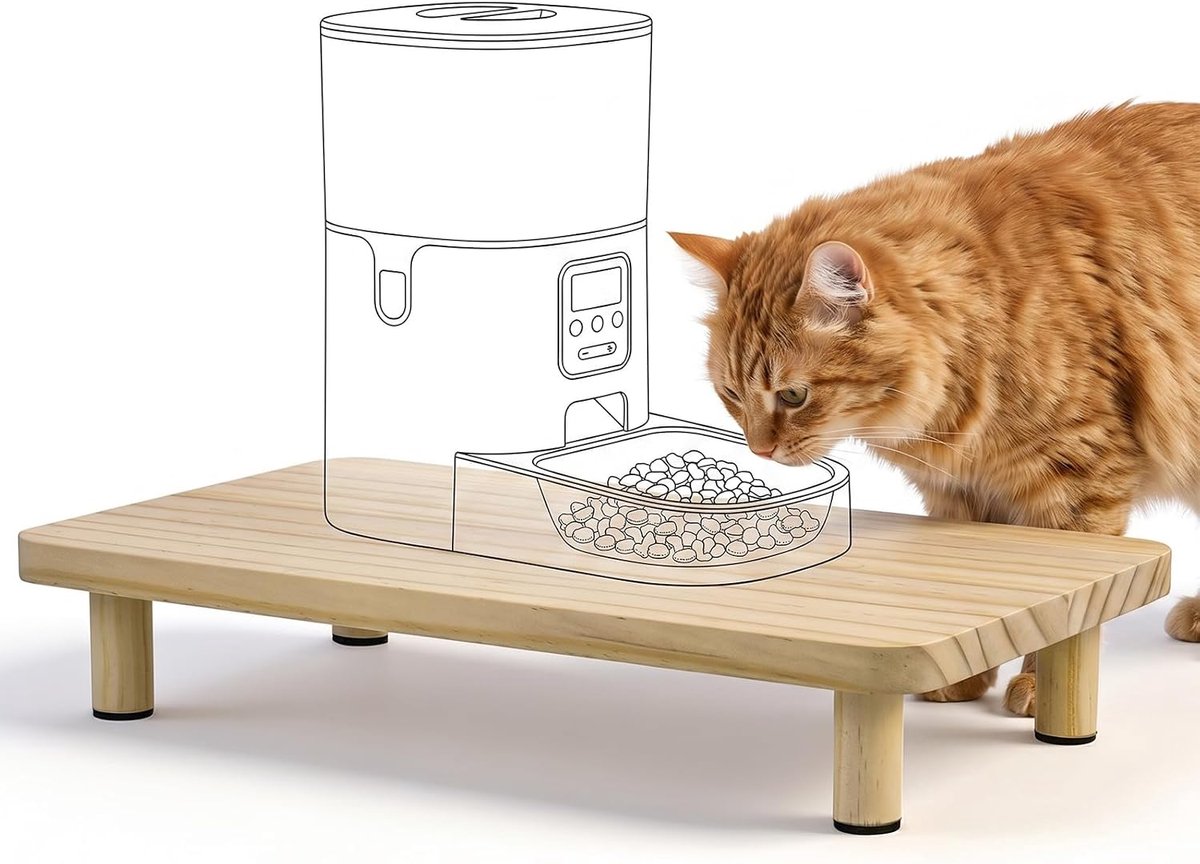 Verhoogde standaard voor kattenvoederautomaat, massief houten houder voor kattenvoerautomaten, 34,3 x 20 x 6,1 cm, ontlast de wervelkolom en gewrichten van je kat merkbaar