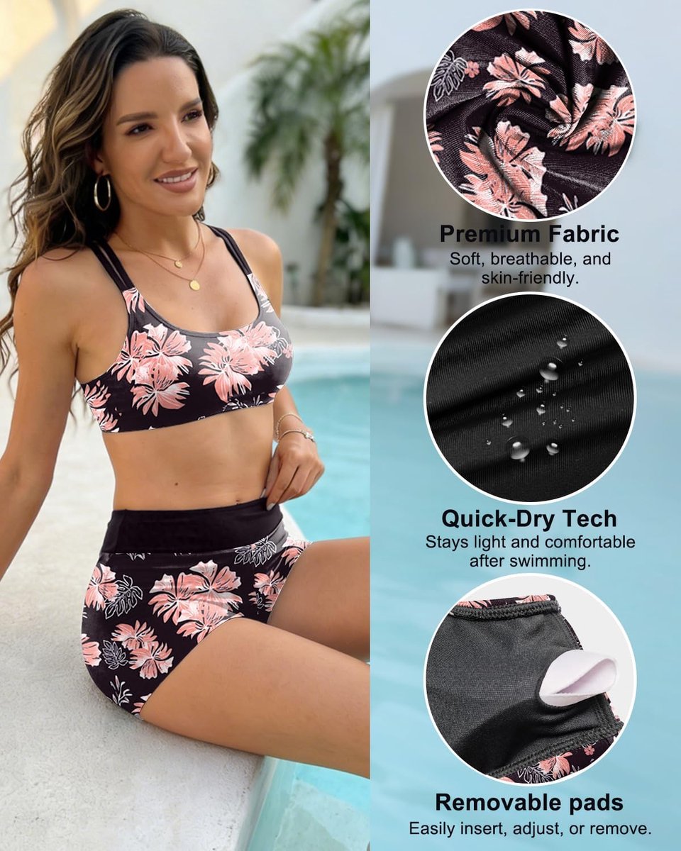 Sets voor dames, 3-delige atletische badmode, racerback top, sportbeha en zwemshort met zakken, zwemkostuum, bescheiden tankini-sets UK