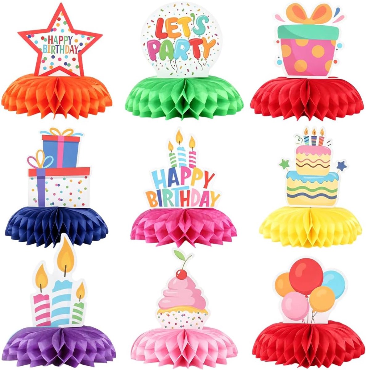 9 stuks honingraattafeldecoratie verjaardag, Happy Birthday tafeldecoratie, kleurrijke honingraat tafelopzetstukken, verjaardagsdecoratie tafel voor verjaardagsfeest