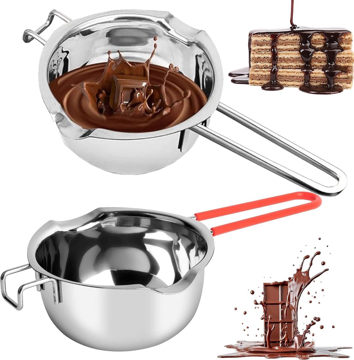 2 Stuks Chocolade smeltpot, 400ML Smeltpan voor waterbad, Roestvrij Staal Smeltkom met 2 tuiten, smeltkom voor het smelten van chocolade, was, snoep en kaarsen maken