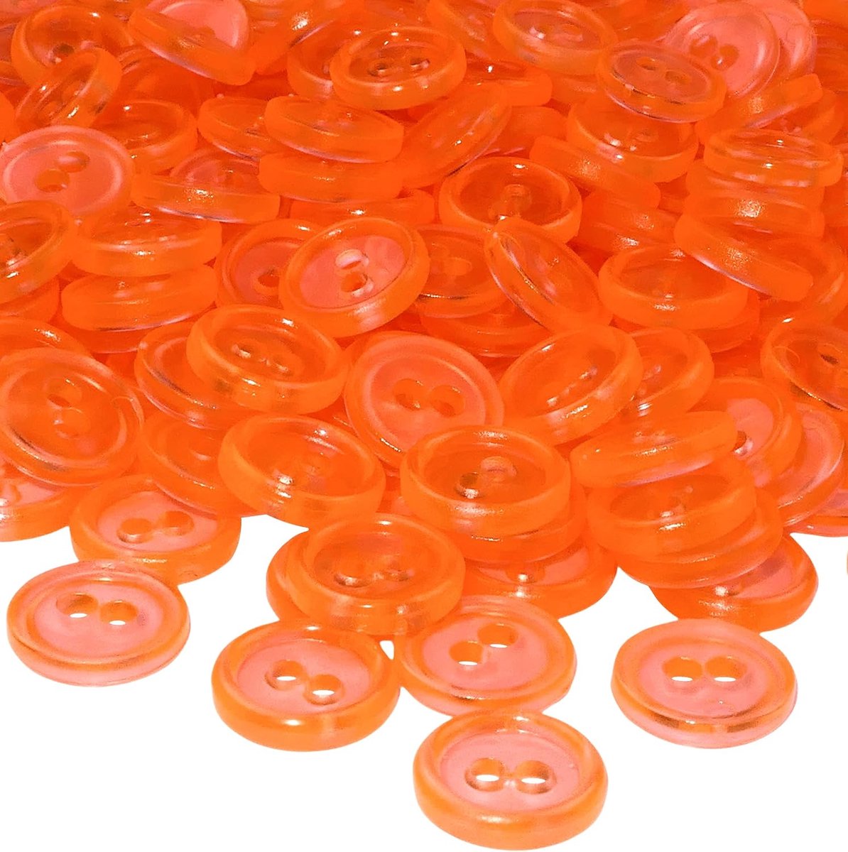 - C56360 - Set van 100 ronde knoppen Ø11,5x2,2 mm met 2 gaten - transparante neonoranje kleur - van kunststof - diameter van de opening 2 mm