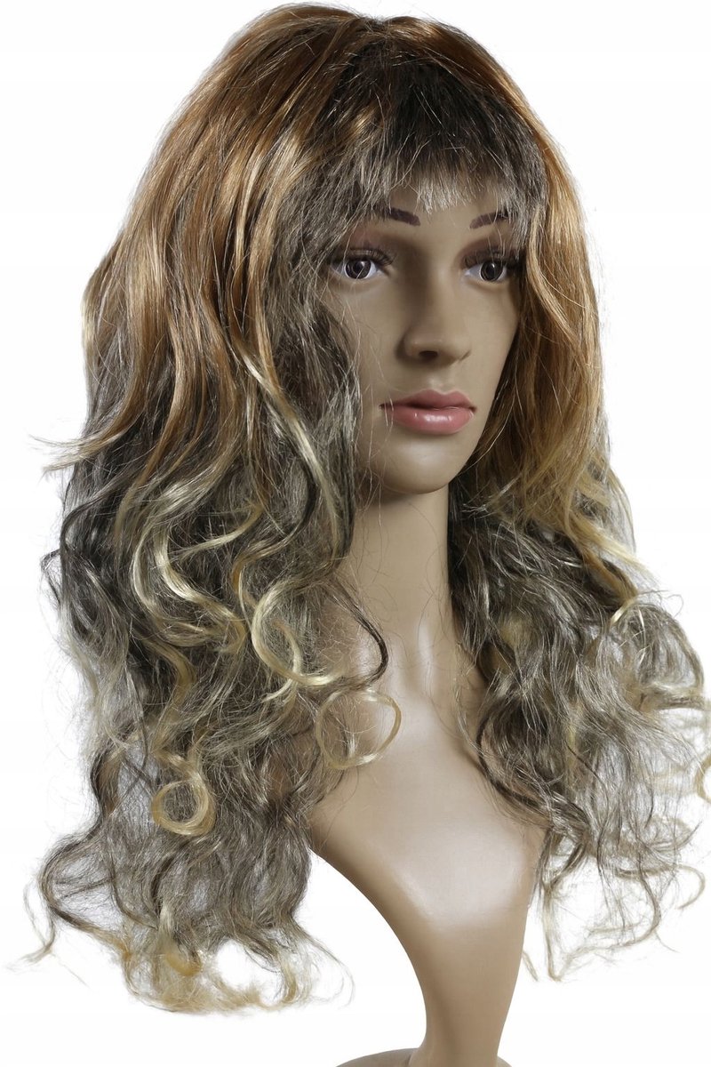 Glamour Ombre Pruik Blond-Bruin met Golven en Pony - Natuurlijk Effect