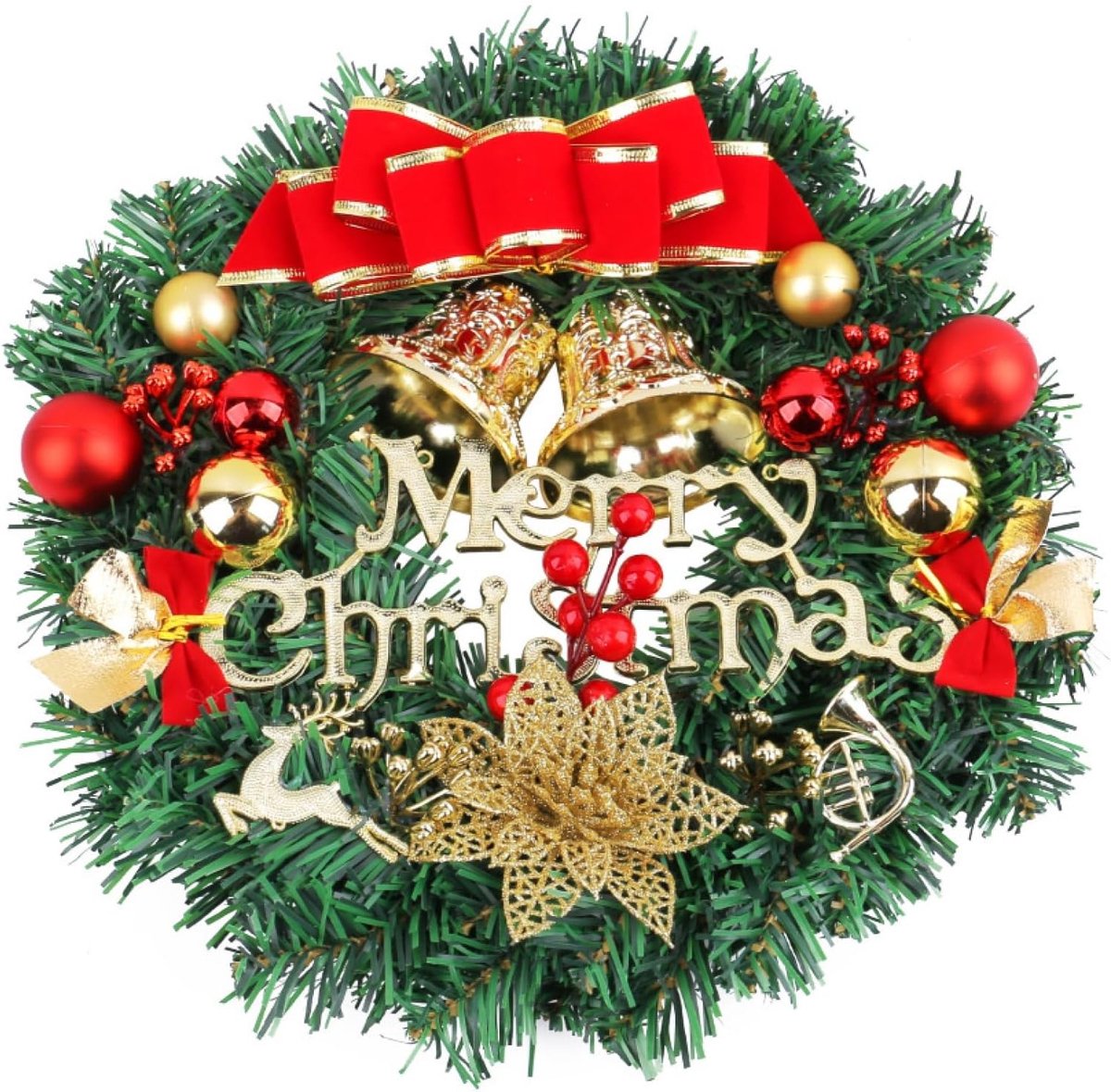 Kerstkrans 75cm - Kunststof - Met Strik, Klokken, Hert en Bessen - Voor Deur en Wand - ShopVlot