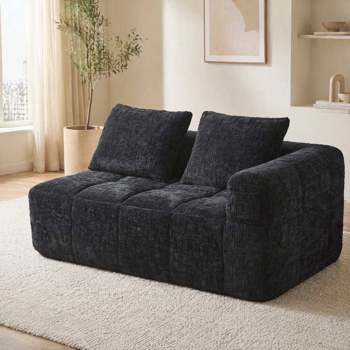 MEUNIQ 2-zits zitbank 158 cm, chenille, met zijvakken en kussen, 60 cm hoog, 39 cm zithoogte, 65 cm zitdiepte, woonkamer, zwart