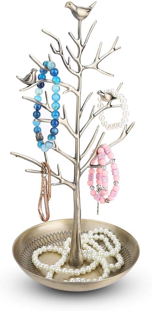 Sieradenstandaard met boomdesign - Antiek bruin met lades - Hang voor kettingen en armbanden - ShopVlot
