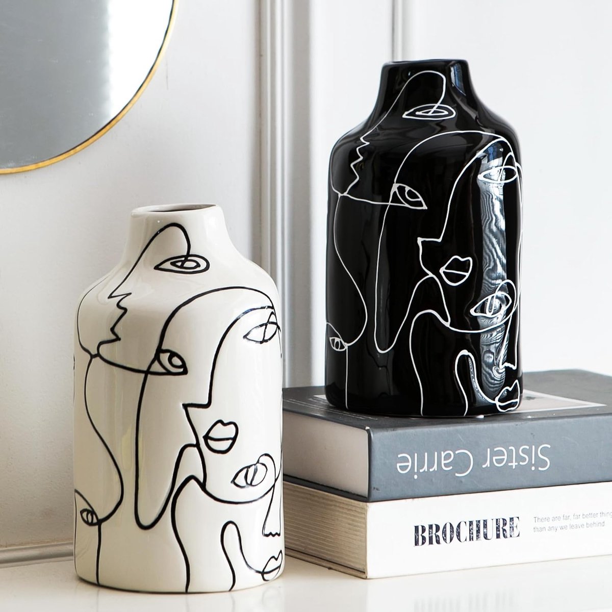 Ceramic Vazen Set van 2 - Zwart en Wit - Abstract Design - Decoratief voor Minimalistische Interieur - ShopVlot