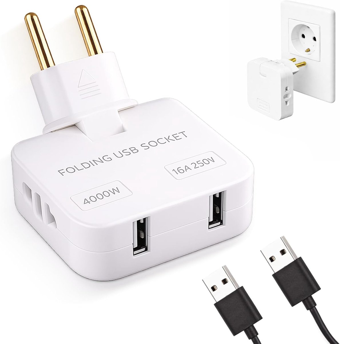 Platte stekkerdoos achter meubels, plat stopcontact met 2 USB C-stopcontacten, 180° draaibaar, adapter Europa naar - ShopVlot