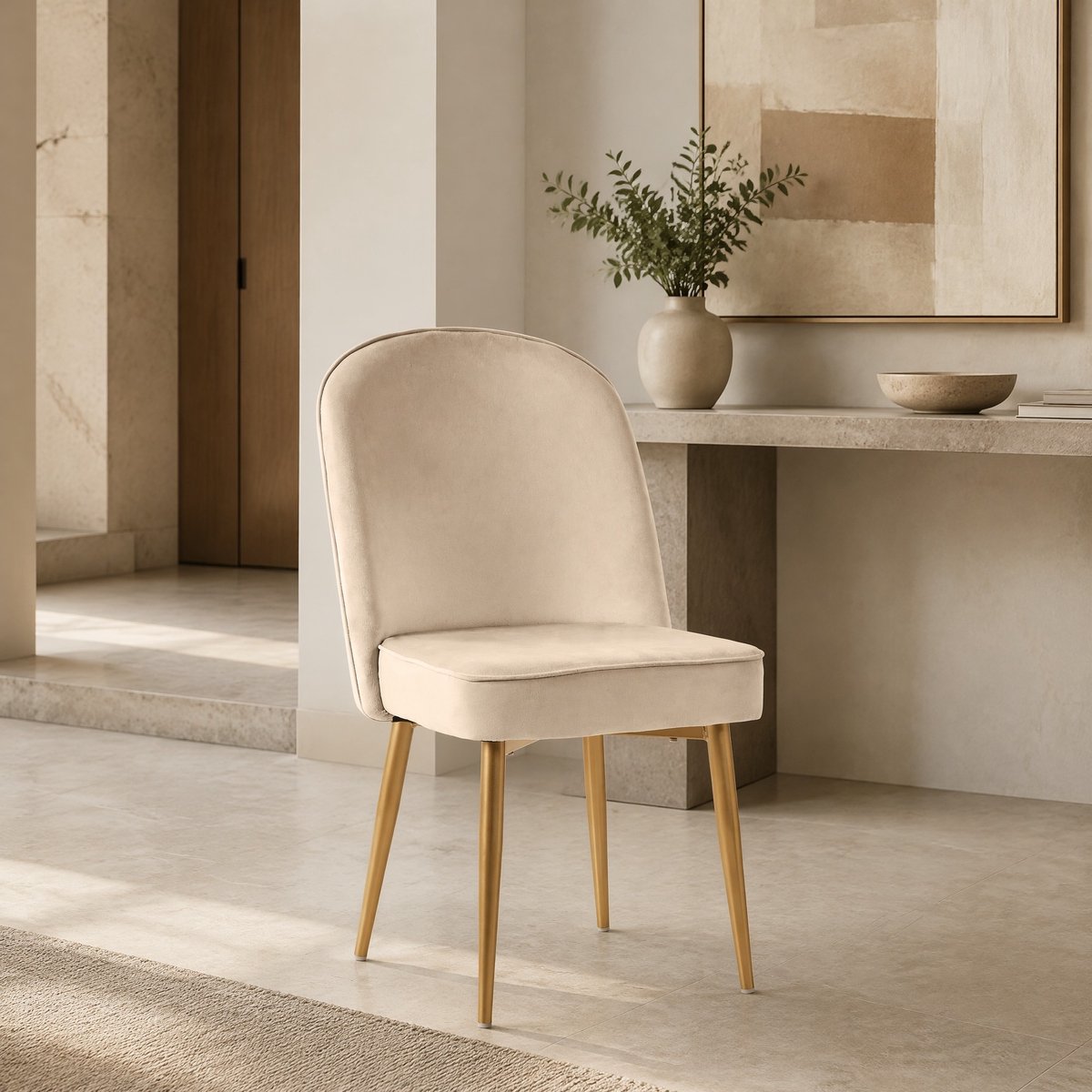 MEUNIQ Set van 2 eetkamerstoelen velvet beige met gouden metalen poten, gebogen hoge rugleuning en gevoerde zitting, voor eetkamer woonkamer of werkkamer
