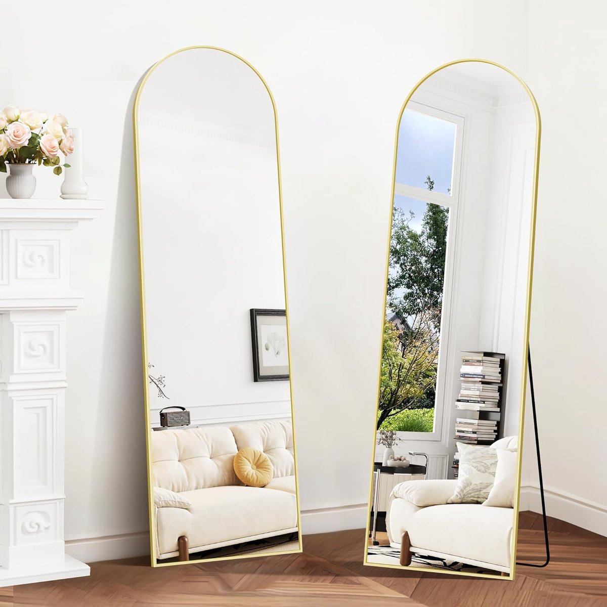 SnelShoppen - Staande Spiegel 150x40 cm, Gouden Gebogen Volledige Lengte Vloerspiegel met Stand, Full-body Spiegel voor Woonkamer, Slaapkamer en Entre