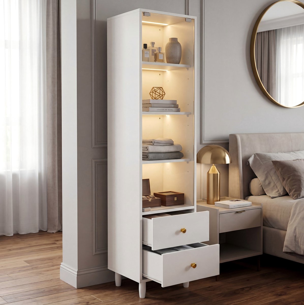 REDOM - Vitrinekast - LED-verlichting - Glazen deuren - 2 lades - Moderne stijl - Woonkamer of werkkamer - MDF en glas - Wit - 40 x 35 x 165 cm