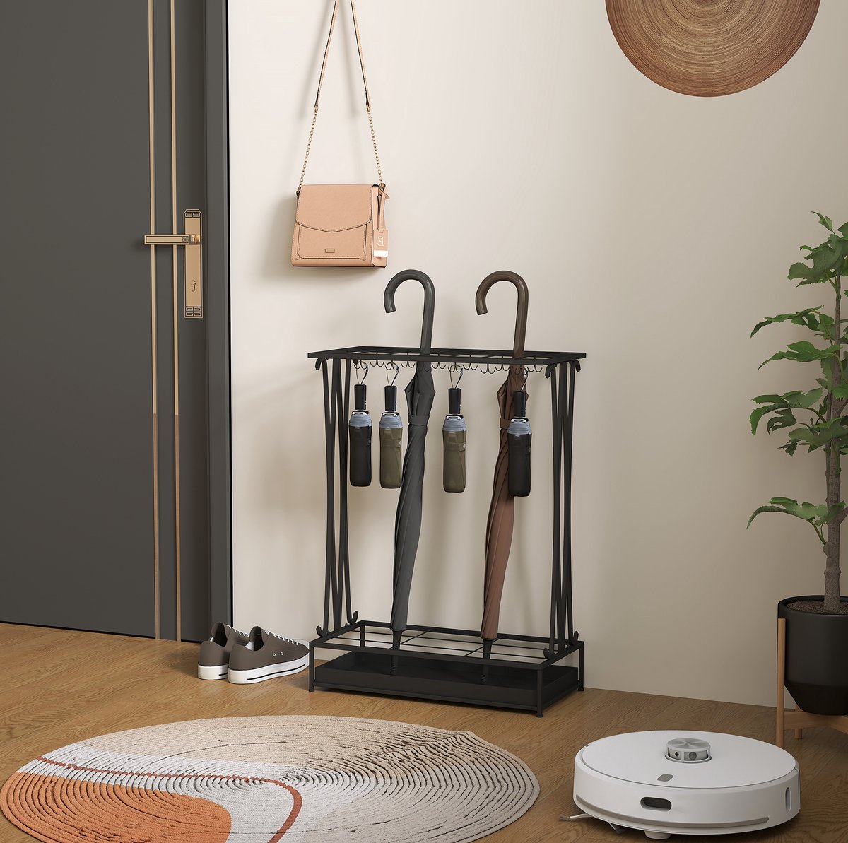 Paraplustandaard Met 24 Haken En 21 Gaten – 50 x 24 x 68 cm – Staal – Zwart – Voor Paraplu's En Wandelstokken – Uitneembare Wateropvangschaal
