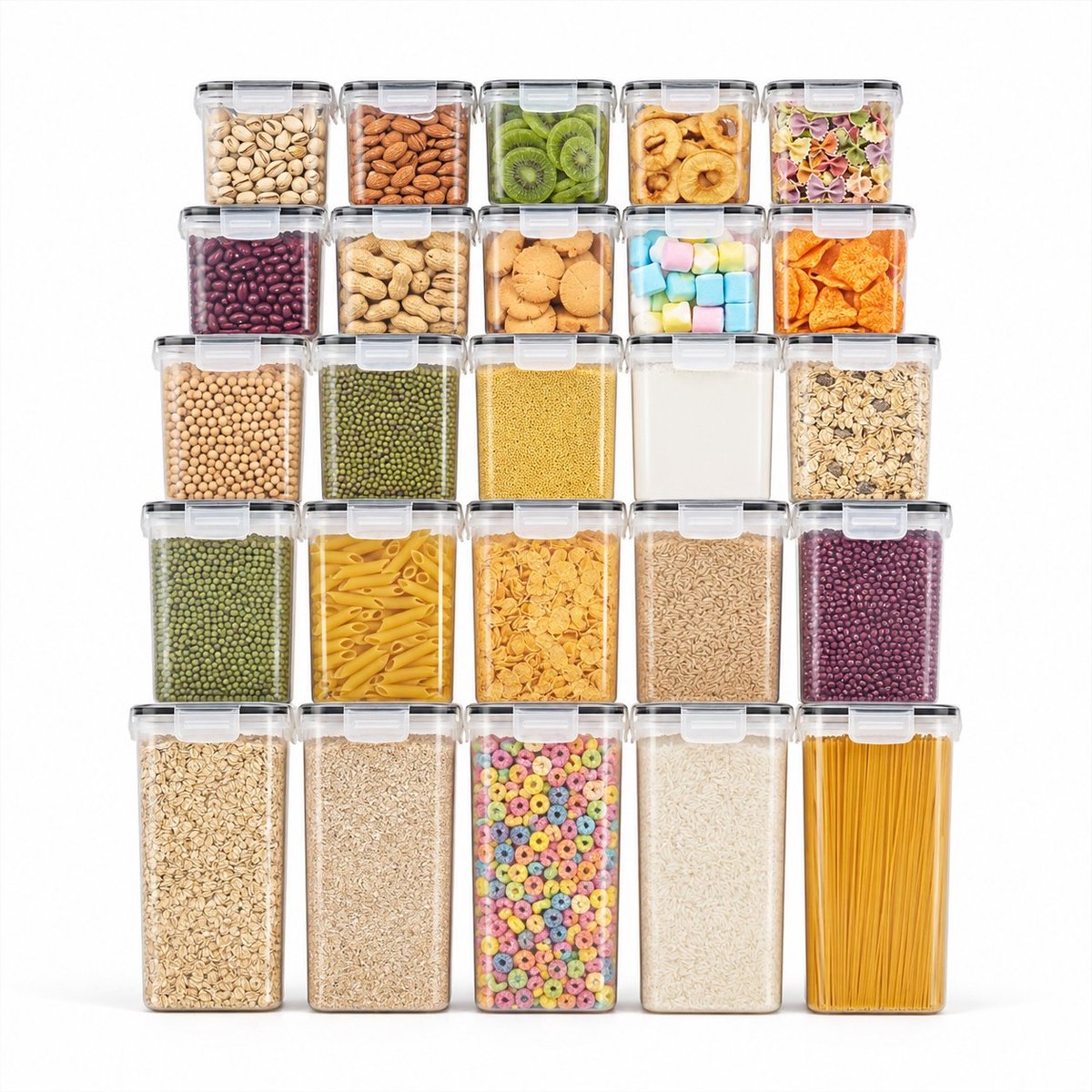 Arvion Voorraaddozen 25-delig – Luchtdichte keukenorganizer van kunststof met deksel – voor muesli, meel, koffiebonen, cornflakes, spaghetti – 4 formaten (2,8L, 2L, 1,4L, 0,8L)