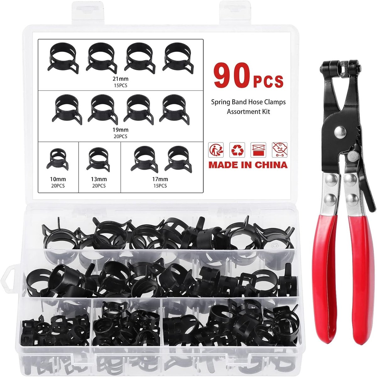 Ronte - Slangklemmen, assortiment van 90 stuks voor veerslangen 10-21 mm met klemtang