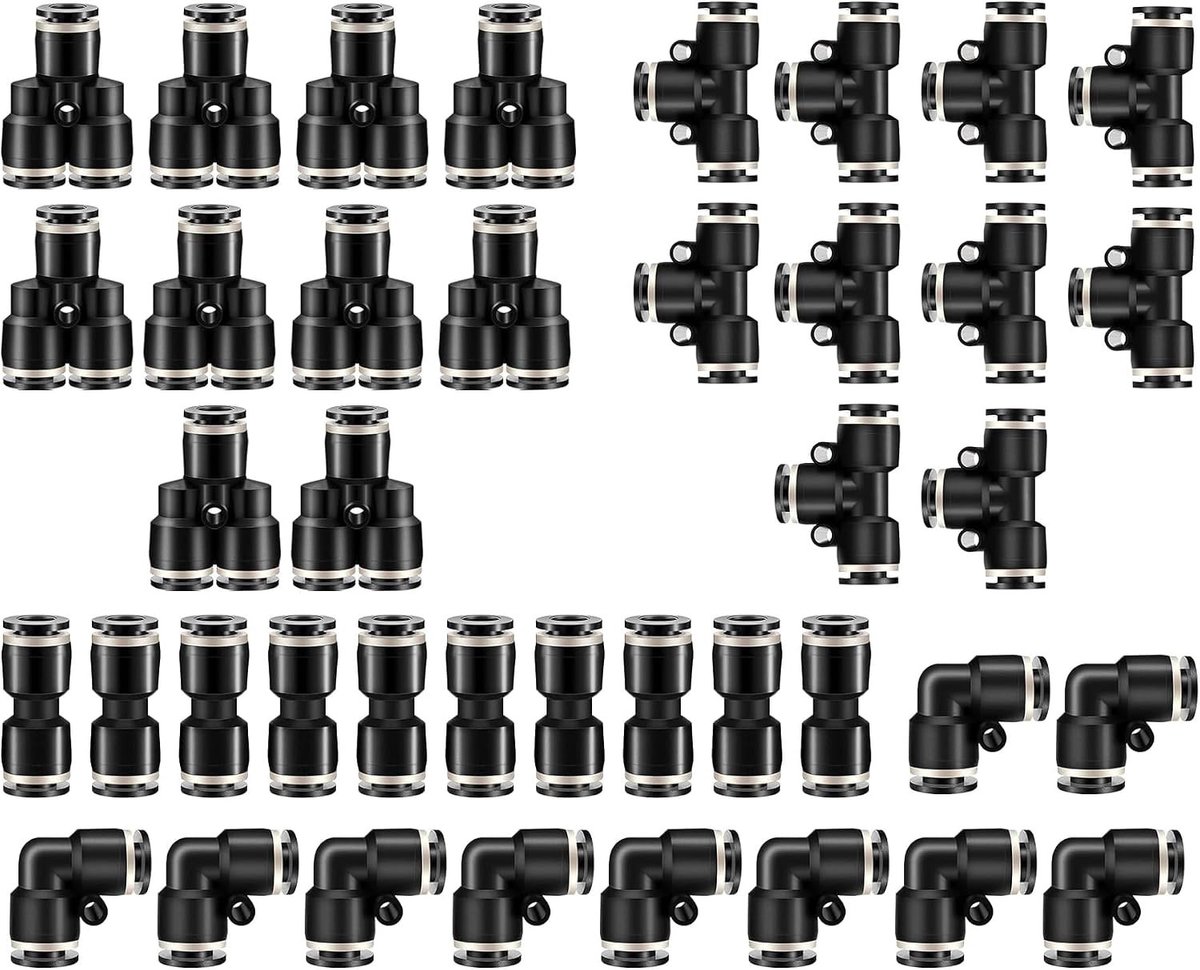 40 Stuks Pneumatische Push-to-Connect Fittingen, Zwarte Pneumatische Connectoren met Splitters, Ellebogen, T-stukken en Rechte Fittingen (1/4 inch OD)