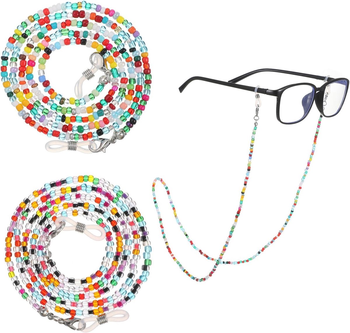 Stijlvolle brillenketting voor dames, 2 stuks, 70 cm, parels en glas, ideaal voor zonnebrillen en leesbrillen