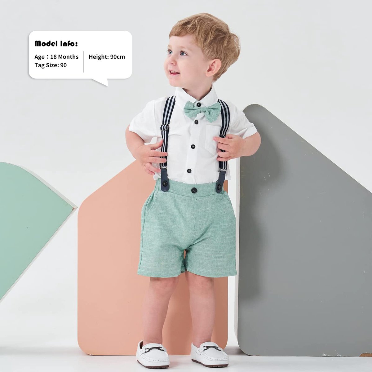 SnelShoppen - Volunboy Babypak voor jongens, kledingset met vlinderdas + bretels, schattige shorts en rompertje, groen, 12-18 maanden, perfect voor fe