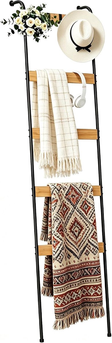 SnelShoppen - Bamboe handdoekladder 5-laags, wandleunend houten handdoekenrek voor badkamer, slaapkamer, vrijstaande handdoekhouder voor handdoeken, k