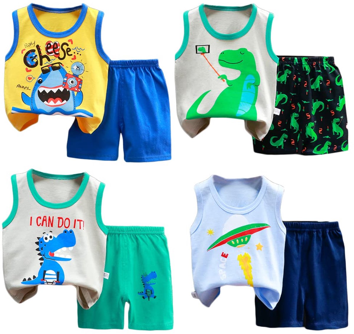 SnelShoppen - 8-delige set tanktop en shorts voor jongens, 100% katoen, cartoon-patroon, zomerkleding, maat 18-24 maanden, perfect voor pasgeborenen e