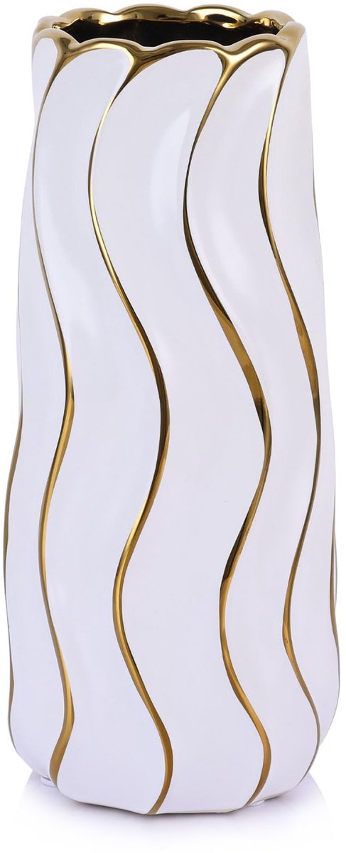 SnelShoppen - Grote Witte en Gouden Vaas voor Woondecoratie - Elegante Vaas voor Binnen en Buiten - Perfect voor Feestelijke Gelegenheden en Dagelijks