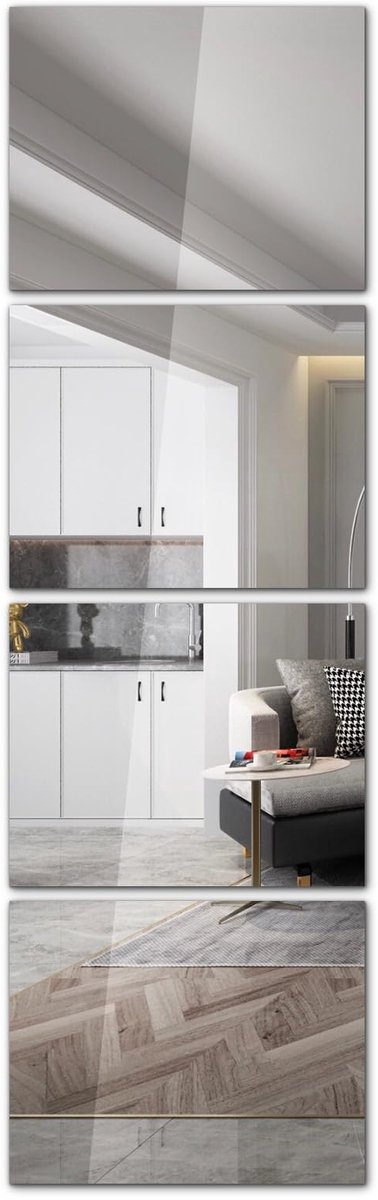 SnelShoppen - 4 stuks 35,6 x 28 cm Spiegeltegels - Frameloze Glazen Wandspiegel voor Slaapkamer, Woonkamer en Thuisfitnessstudio - Eenvoudige Installa