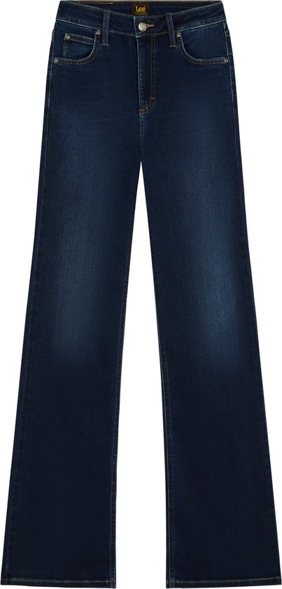 Donkerblauwe Lee jeans met wijde pijpen.