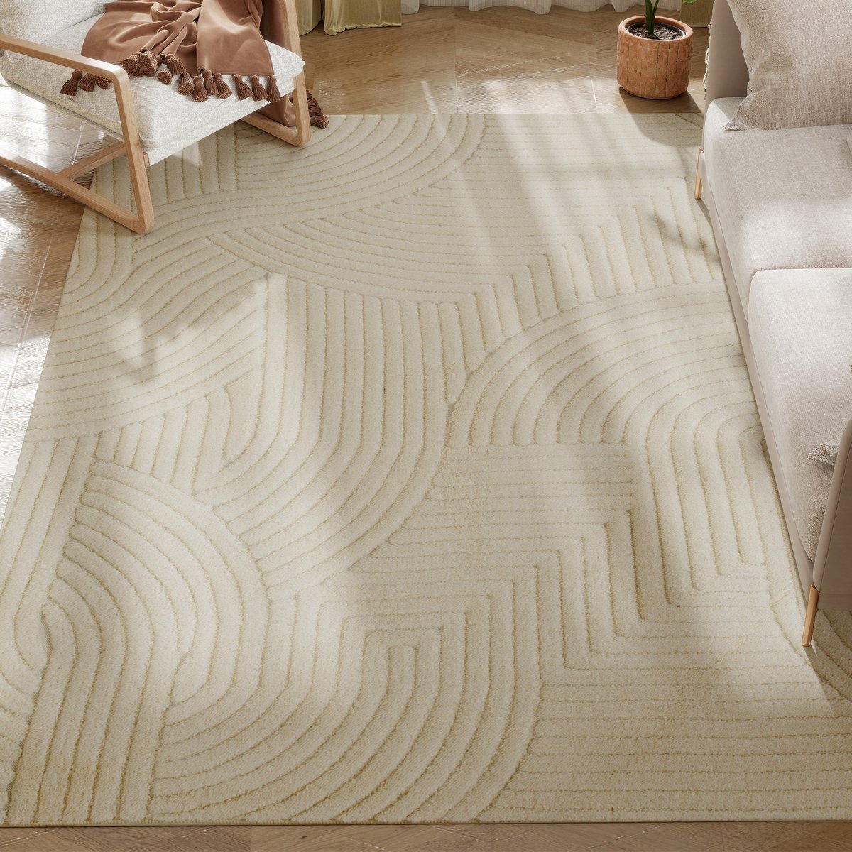 TEKROA Vloerkleed - Carpet - Zacht Hoogpolig Tapijt - Geometrisch Jacquard Woonkamerkleed - Antislip - 230 x 160 cm - Crème