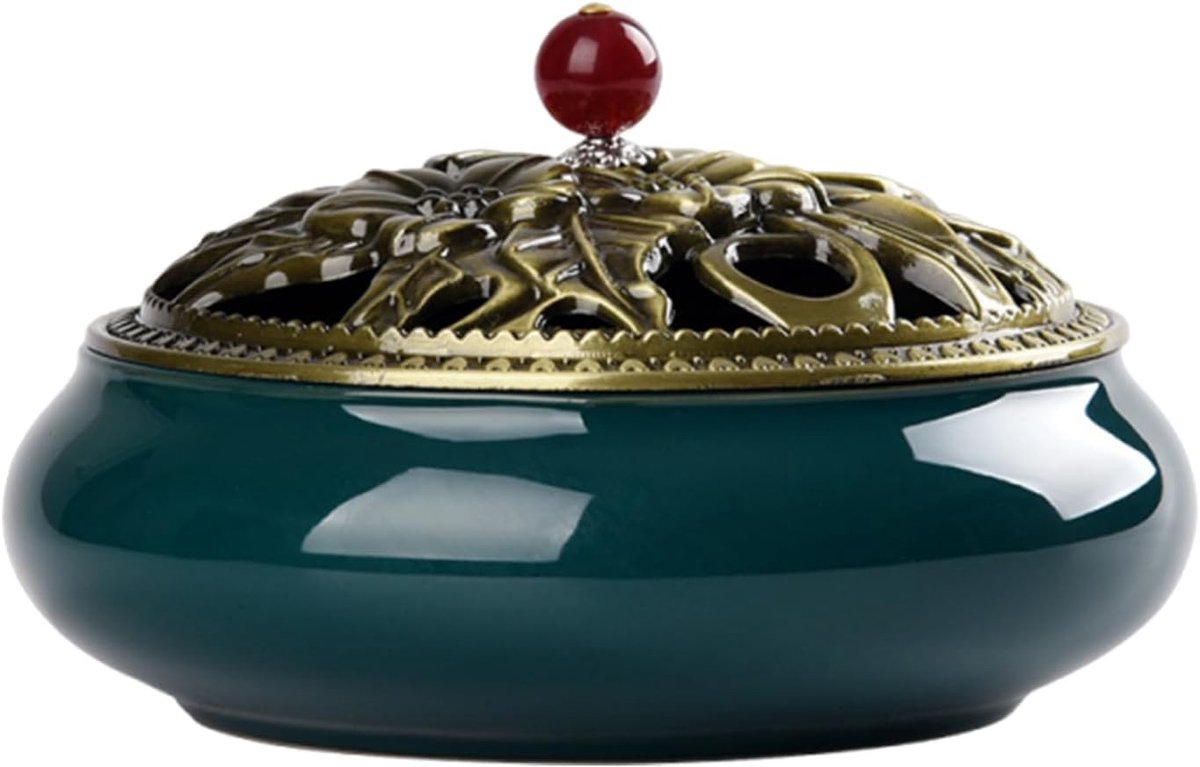 Elegante Porseleinen Wierookbrander met Metalen Deksel - Ronde Wierookhouder voor Thuisdecoratie, Meditatie en Aromatherapie