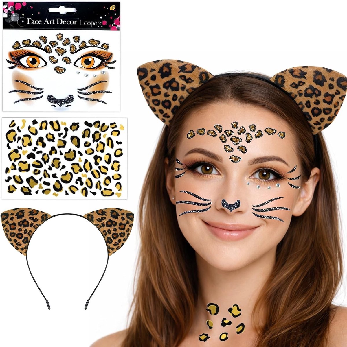 3-delig Luipaard Kostuum Set met Oren, Haarband en Gezichtstatoeage, Perfect voor Carnaval en Feestjes voor Vrouwen en Kinderen