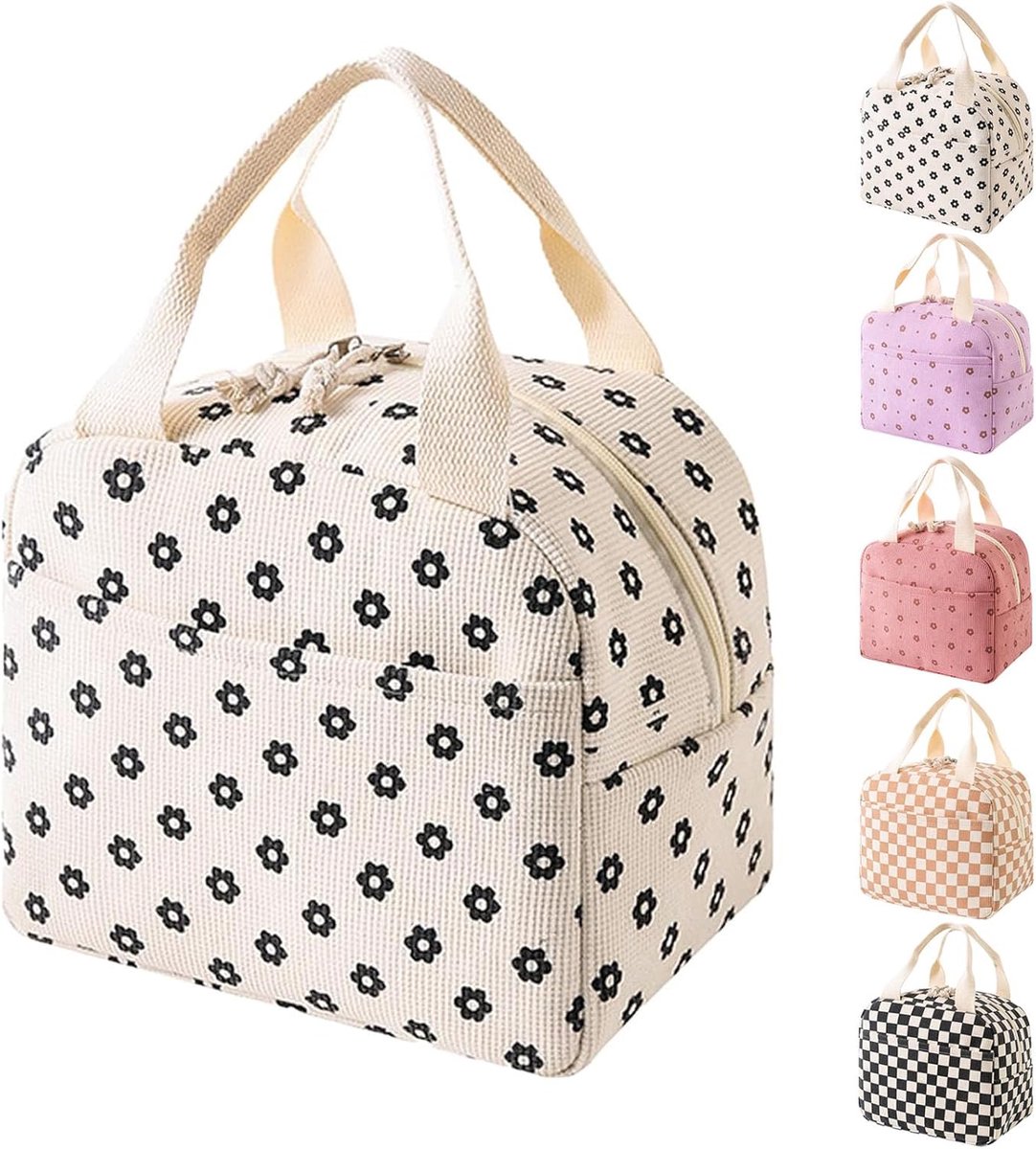 SnelShoppen - Cord Lunch Bag - Geïsoleerde Herbruikbare Lunch Tas - Draagbare Koeltas - Thermobag voor School, Strand, Picknick - Beige met Kleine Blo