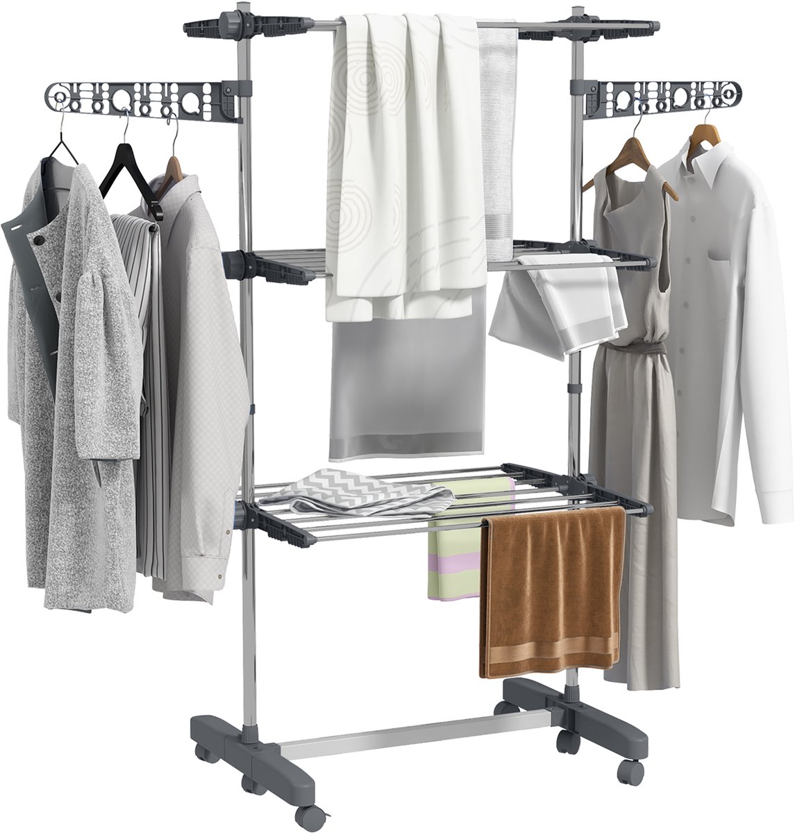 Verticaal wasrek met 3 verstelbare planken in grijs en zilver - Ruimtebesparend - Lichtgewicht en robuust - Roestbestendig - Materiaal: staal en kunststof - Afmetingen: 142x55x152 cm
